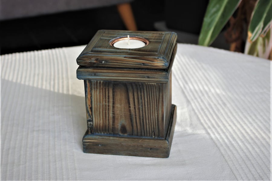 Blue pine wooden tealight box and holder (scorched wood)