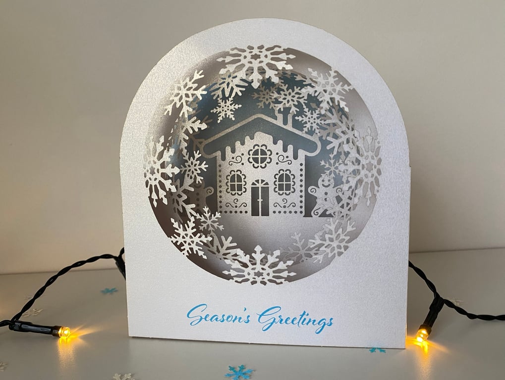 3D gingerbread house snow globe Christmas card