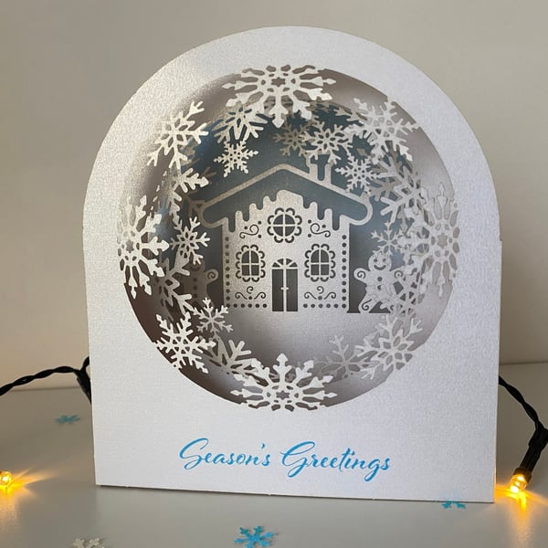3D gingerbread house snow globe Christmas card