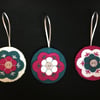 Set of 3 Nordic Style Felt Flower Christmas Bauble Decorations Cerise Teal White