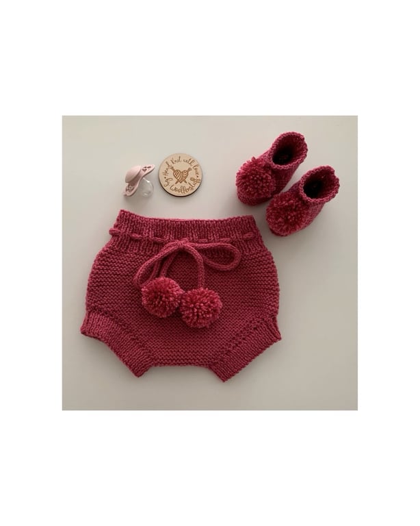 Made To Order Handknitted Clover Baby Shorts & Booties with Pom Pom trim 5 sizes