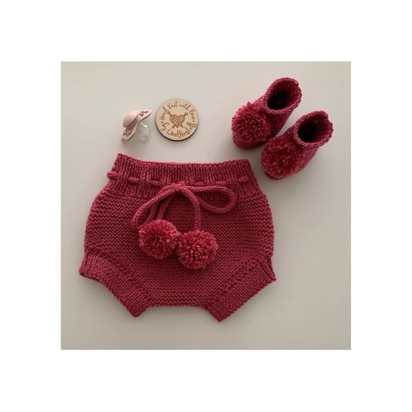 Made To Order Handknitted Clover Baby Shorts & Booties with Pom Pom trim 5 sizes