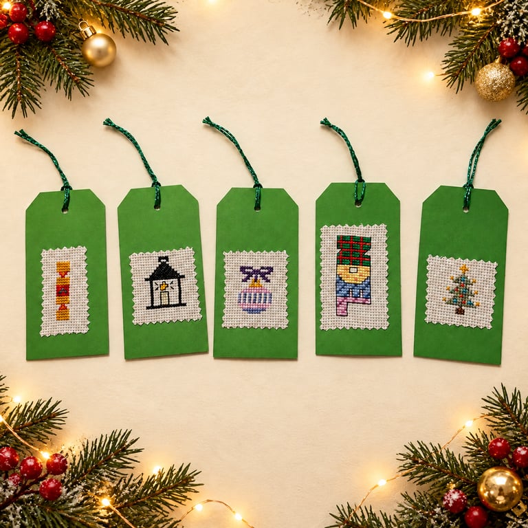 Five Large Handmade Christmas Gift Tags – Cross-Stitch Elf and Festive Motifs