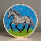 Needle Felted Dapple Grey Horse in Embroidery Hoop 