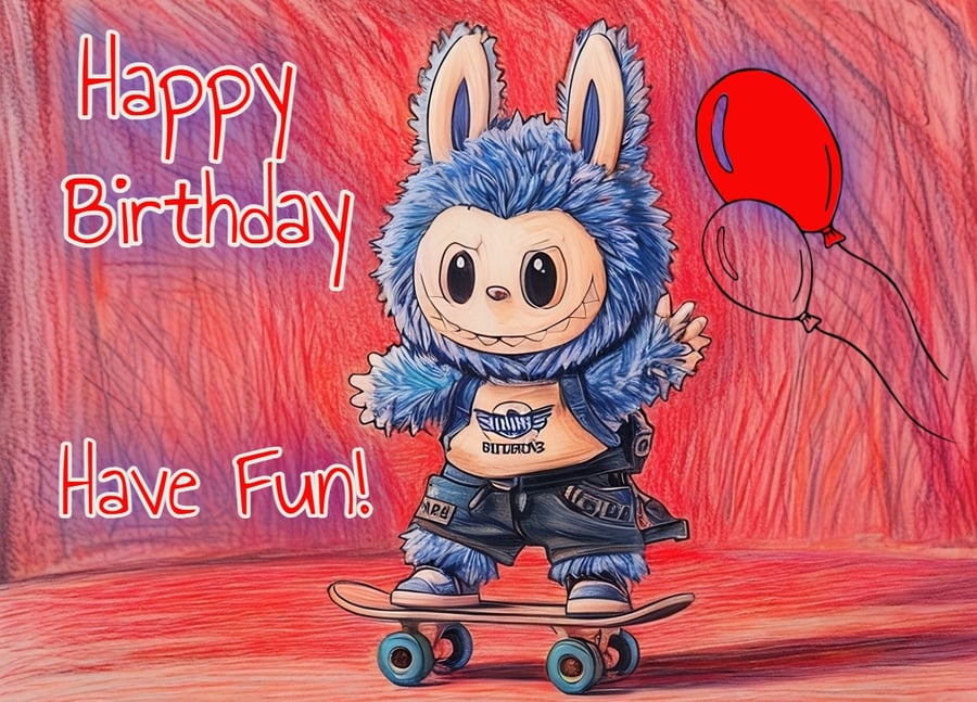 Happy Birthday Have Fun Skateboarding  Monster Elf Card A5