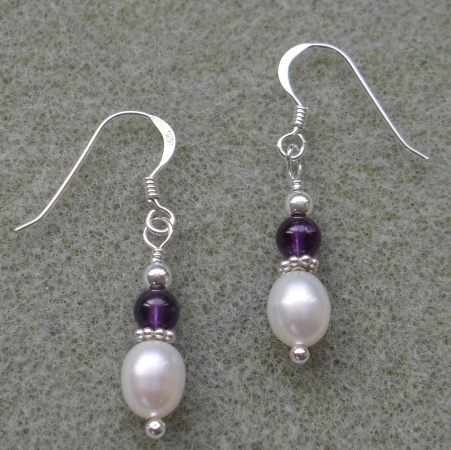African Amethyst Freshwater Pearl Sterling Silver Earrings February Birthstone