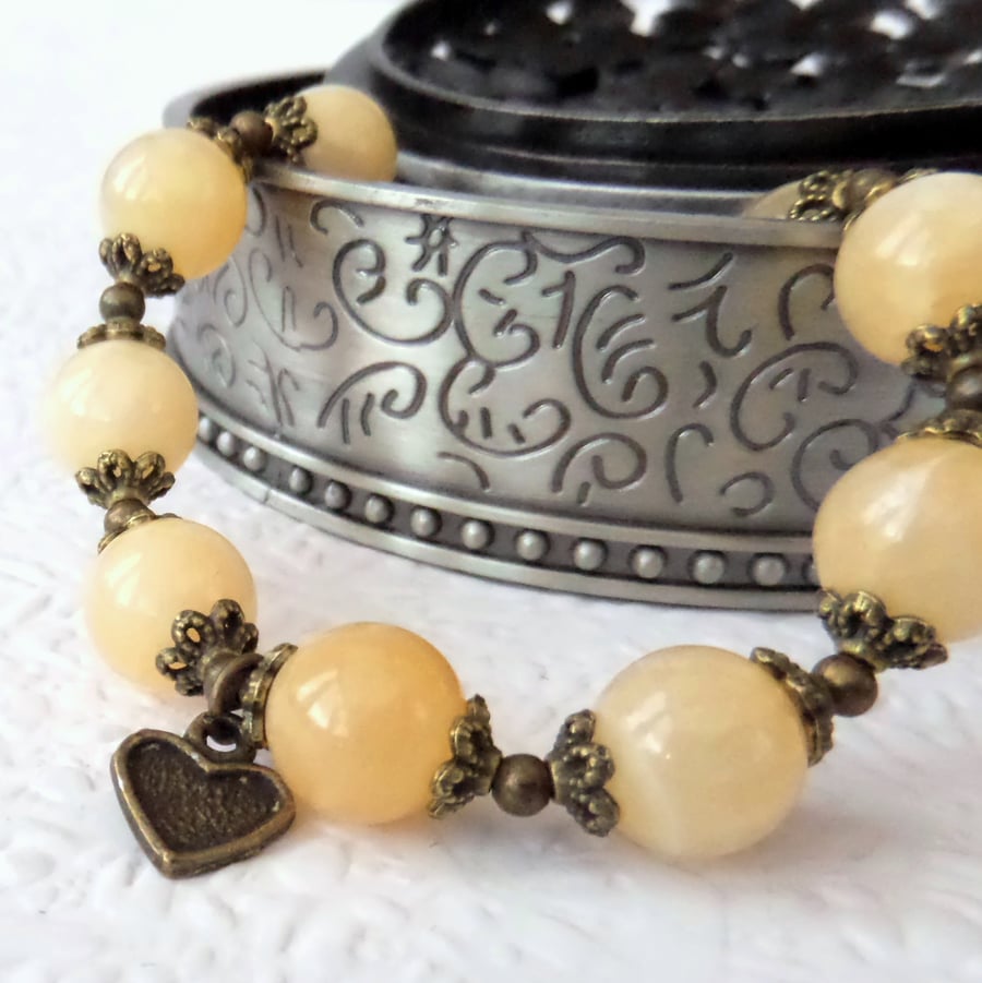 SALE: Handmade honey quartz & bronze stretchy bracelet with heart charm 