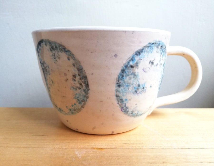 Hand thrown moon mug or cup with handpainted moon phases ceramic gift.
