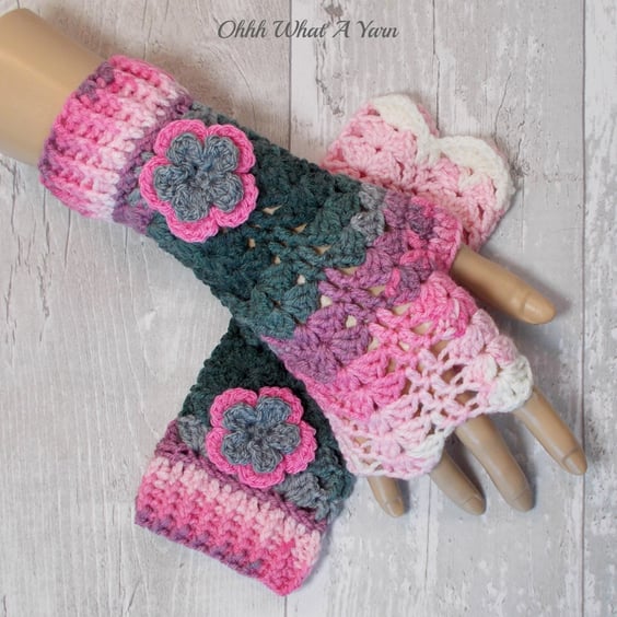 Pink grey and white ombre ladies crochet gloves, finger less gloves.