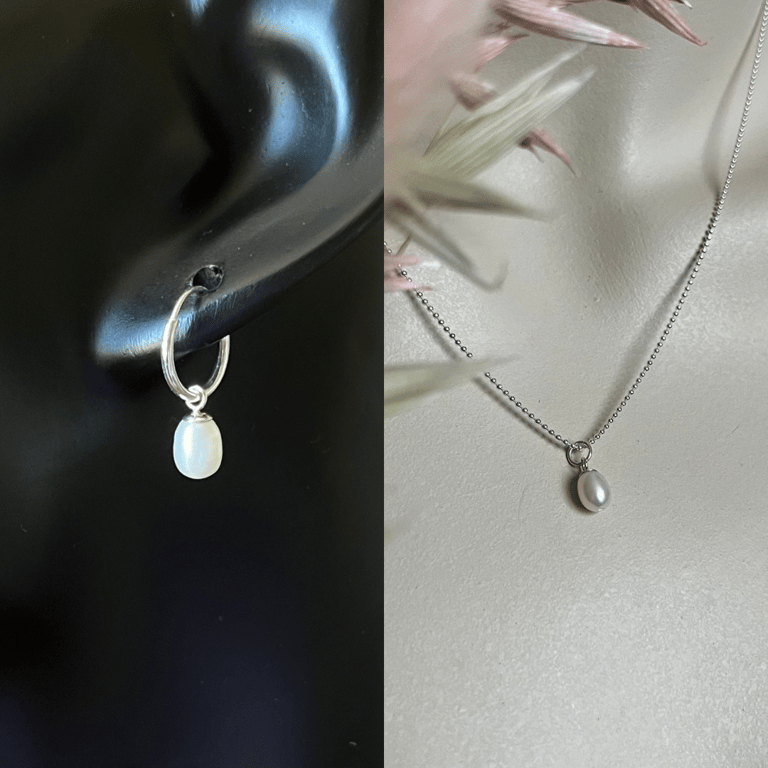 Rice Pearl Petite Hoop Earrings & Pendant Set