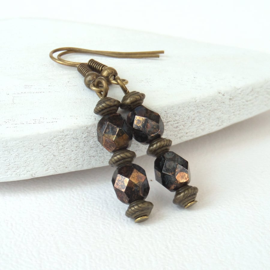 Brown crystal earrings, bronze earrings with rich brown crystals