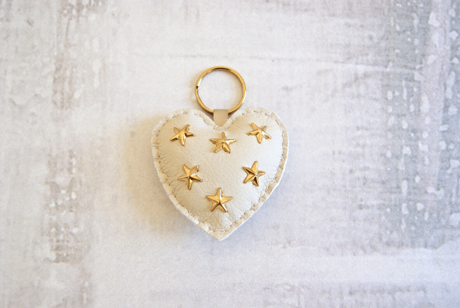 SALE Heart Bag Charm, Star Studded Keyring, Faux Leather Heart Keyring