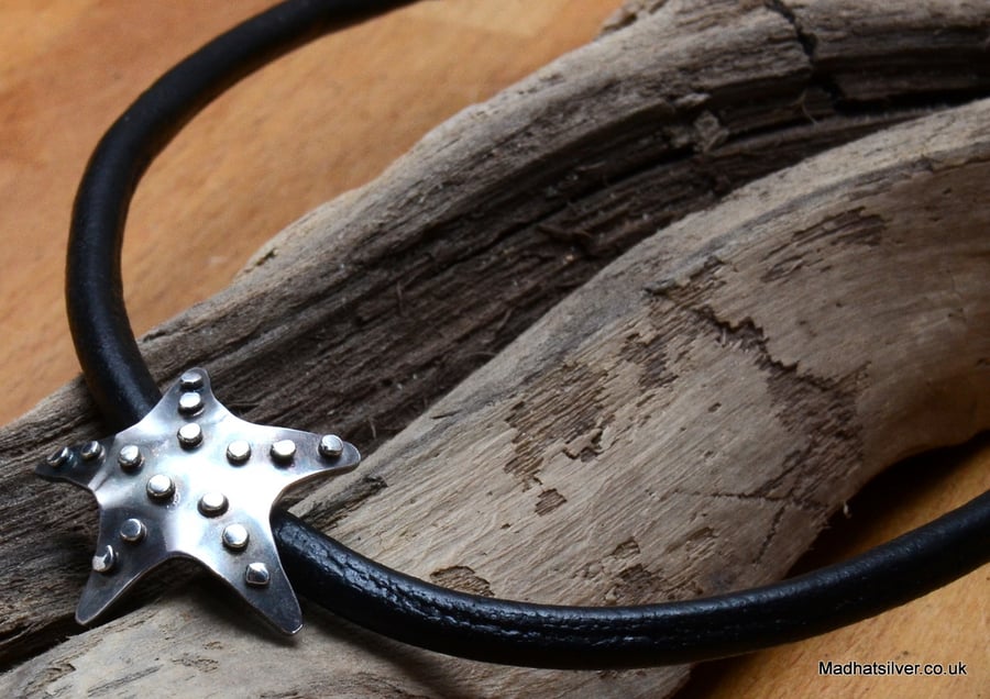 Silver starfish pendant on thick leather cord, beach jewellery,coastal jewellery