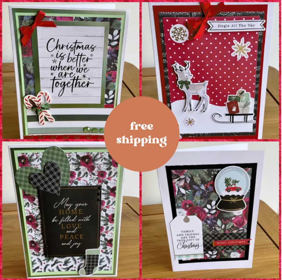 Card. Set of four unique Christmas cards. Free shipping