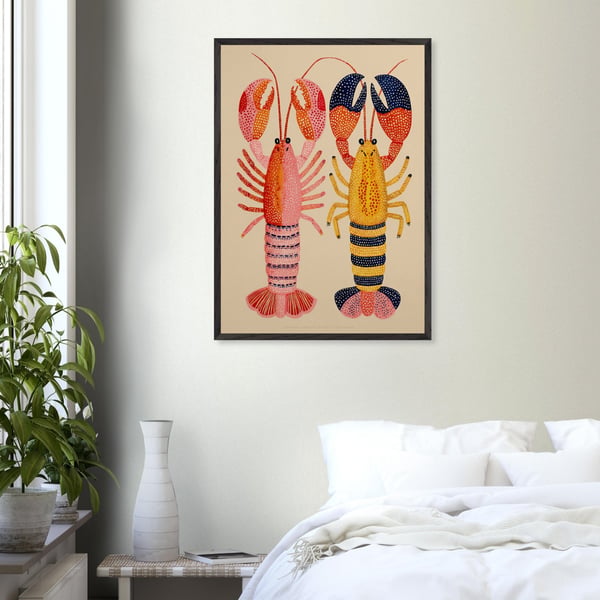 Colorful quirky lobster duo folk art whimsical coastal a3 frameless poster