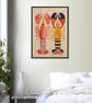 Colorful quirky lobster duo folk art illustration whimsical coastal a3 poster
