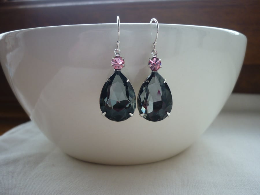BLACK DIAMOND, ROSE PINK AND STERLING SILVER  TEARDROP RHINESTONE EARRINGS.  