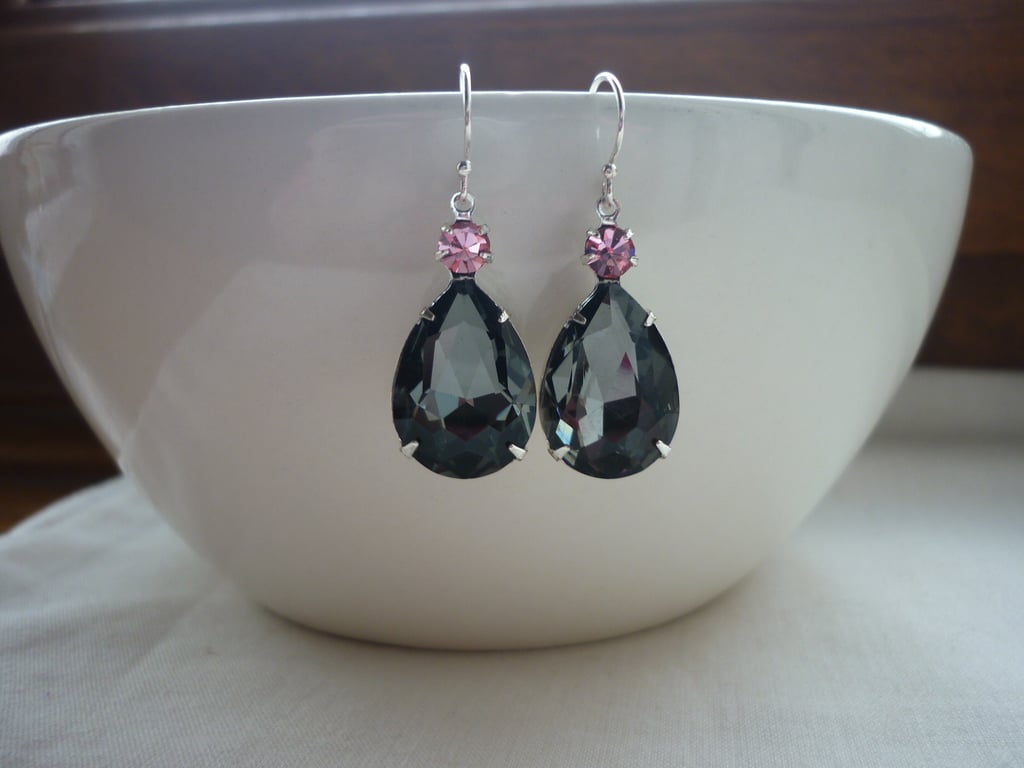 BLACK DIAMOND, ROSE PINK AND STERLING SILVER  TEARDROP RHINESTONE EARRINGS.  