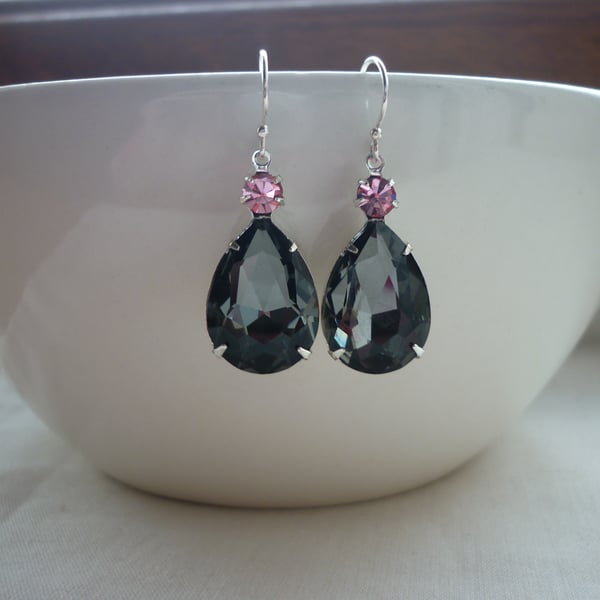 BLACK DIAMOND, ROSE PINK AND STERLING SILVER  TEARDROP RHINESTONE EARRINGS.  