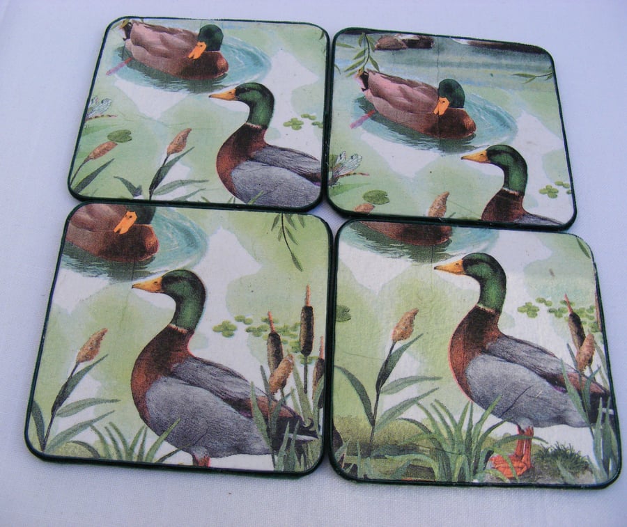 Set of 4 Decoupaged Mallard Duck Coasters