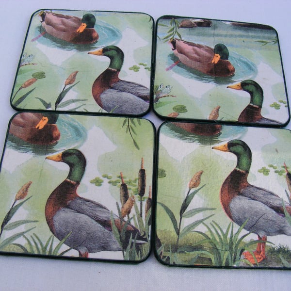 Set of 4 Decoupaged Mallard Duck Coasters