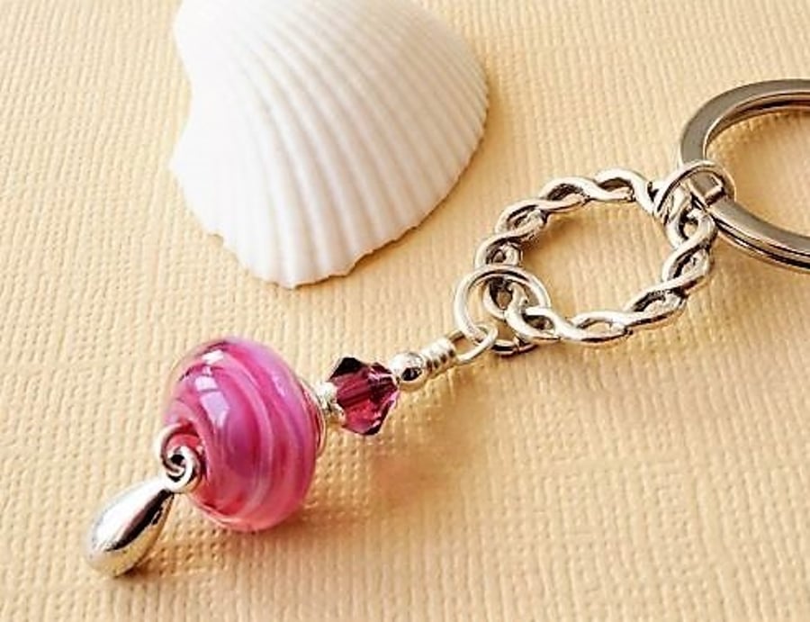 Rose pink lampwork bead and Swarovski Amethyst crystal keyring with teardrop