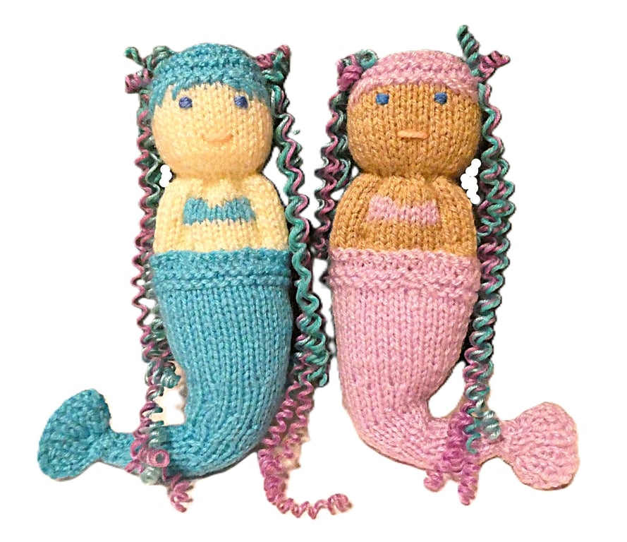 Handmade knitted pair of pocket dolls - mermaids