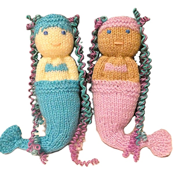 Handmade knitted pair of pocket dolls - mermaids
