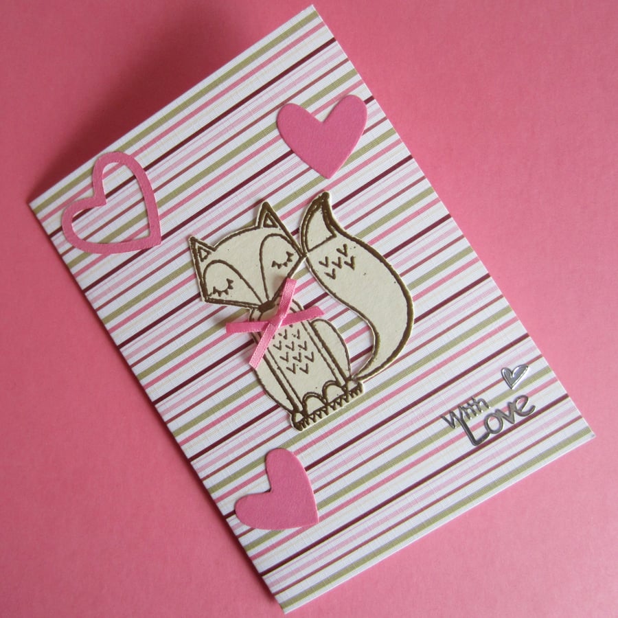 Pink Fox and Hearts With Love Card
