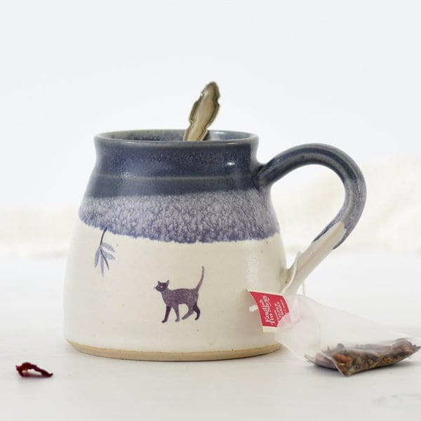 Handmade ceramic cat mug - blue and white ceramic coffee tea mug