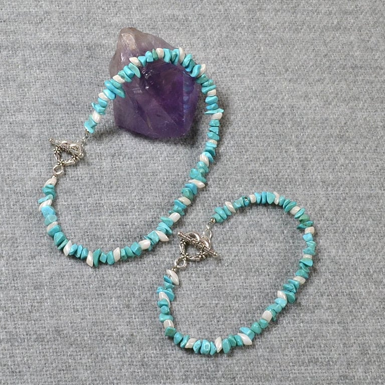 Anklet and Bracelet Set in Turquoise-Blue Chip and White Magatama Beads