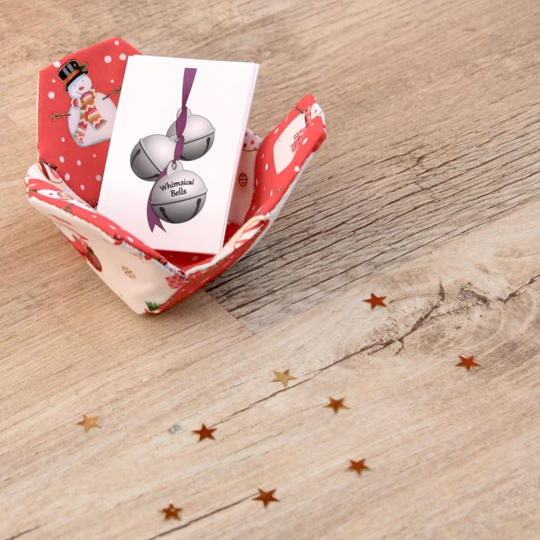 Small Fabric Patchwork Basket with Snowmen and Santa's