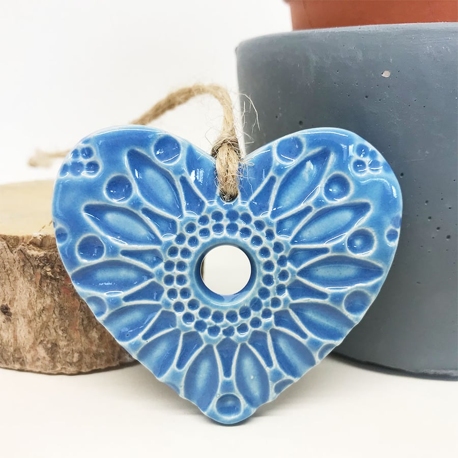 Small Ceramic heart hanging decoration Pottery Heart Folk art Blue