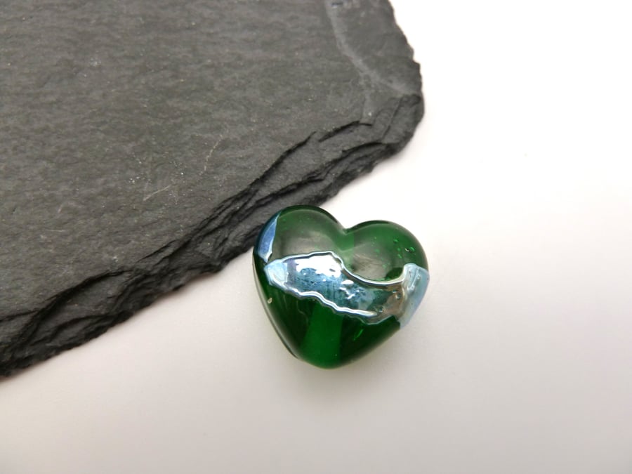 lampwork glass bead, green heart with silver shards