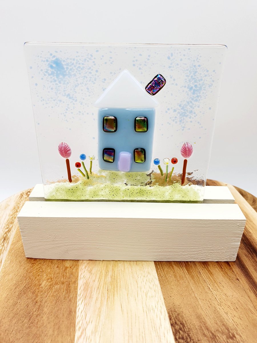 SALE -Fused Glass Tile in a Wooden Stand ‘House on a Hill’ 
