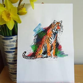 Tiger Art Limited Edition Hand-Pulled Linocut Print red blue