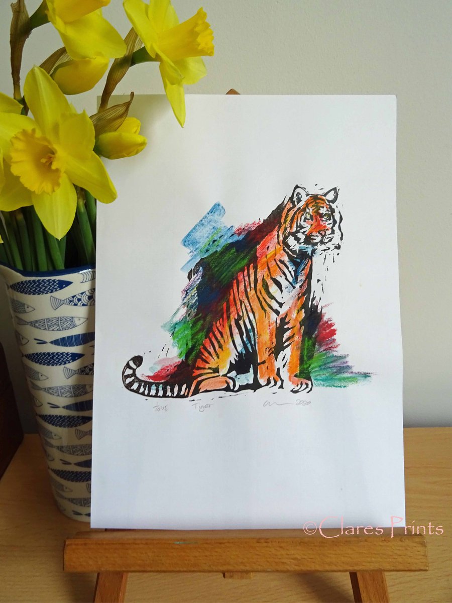Tiger Art Limited Edition Hand-Pulled Linocut Print red blue