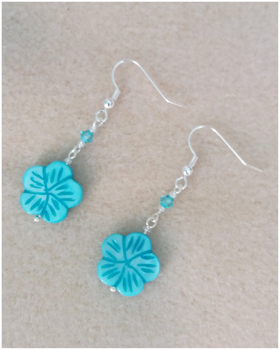 Shell Flower and Crystal Earrings-Turquoise Blue 