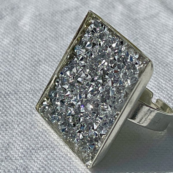 SQUARE CRYSTAL RING silver plated 25 mm fits all sizes cocktail seventies