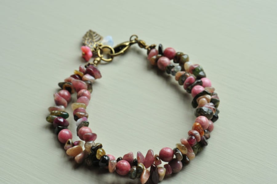 Tourmaline & Rhodonite Gemstone Bracelet with Leaf & Flower Bead 