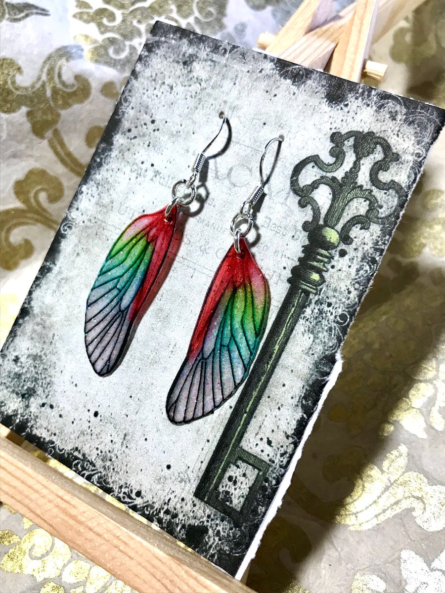 Red and Green Sterling Silver Fairy Wing Earrings