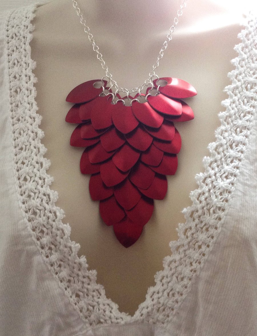 Red Bib Necklace, Red Statement Necklace, Scale Maille Jewellery