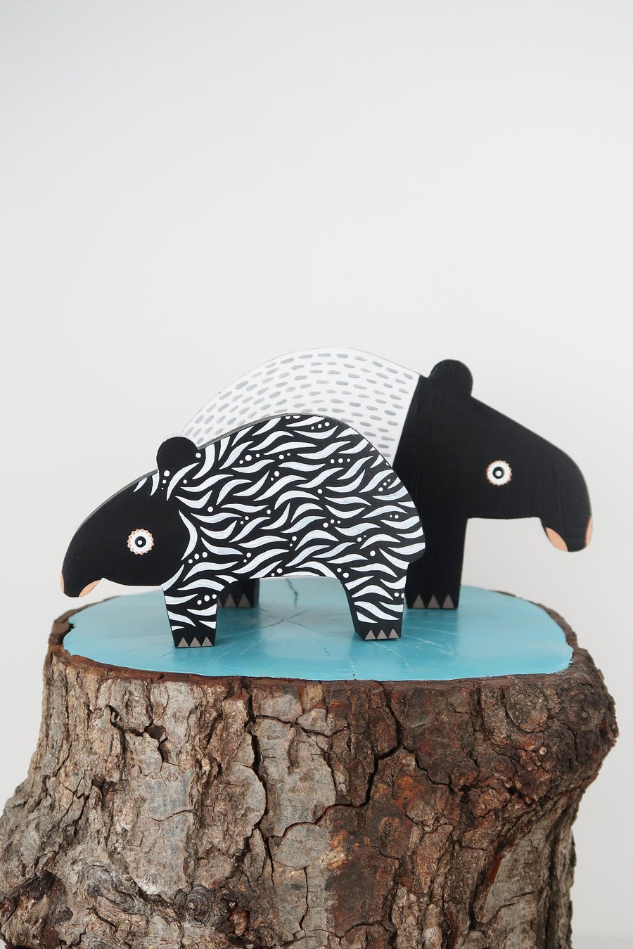Malayan tapir wooden ornaments, set of 2, animal lover gift.