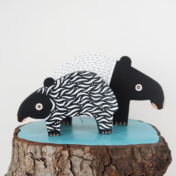 Malayan tapir wooden ornaments, set of 2, animal lover gift.