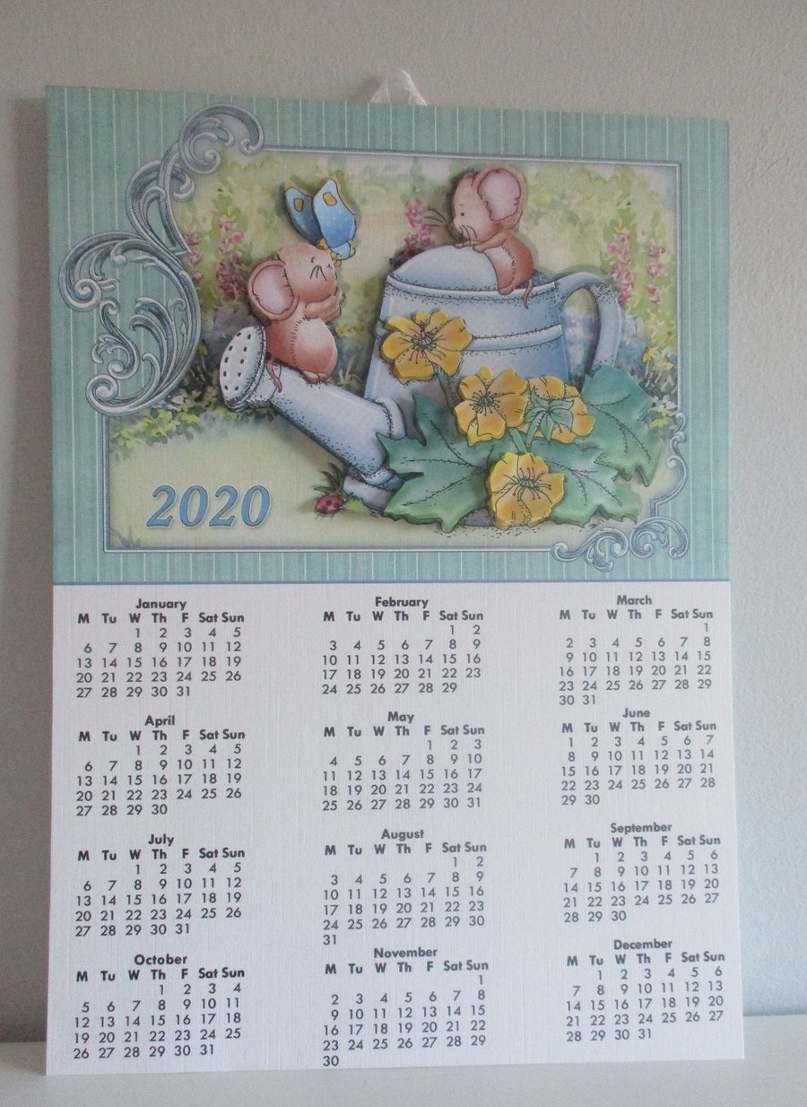 Handmade  Wall Calendar, Gardening , watering can, mice, 2020,Decoupage,3D