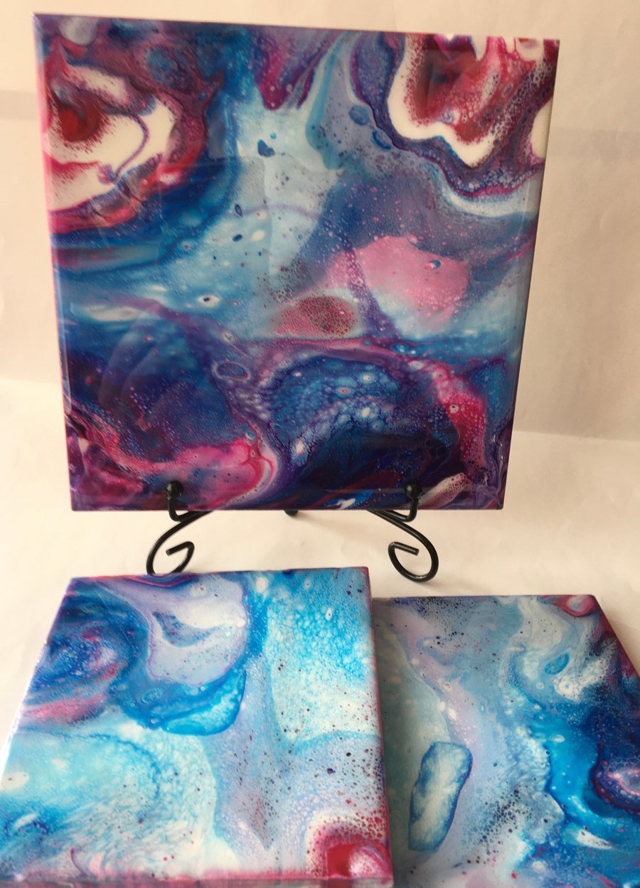 Acrylic pour painting set of 3, resin finished, trivet and 2 coasters