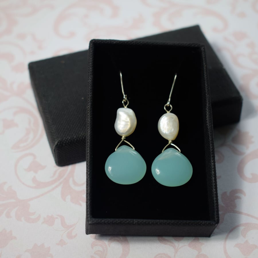Blue Agate and Freshwater Pearl Earrings with Sterling SIlver Ear Wires