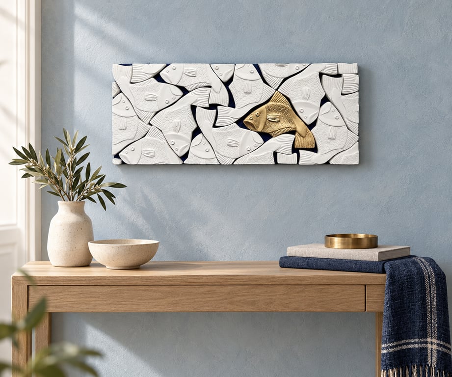 Fish Wall Art with One Gold Fish, Handmade 3D Coastal Wall Decor