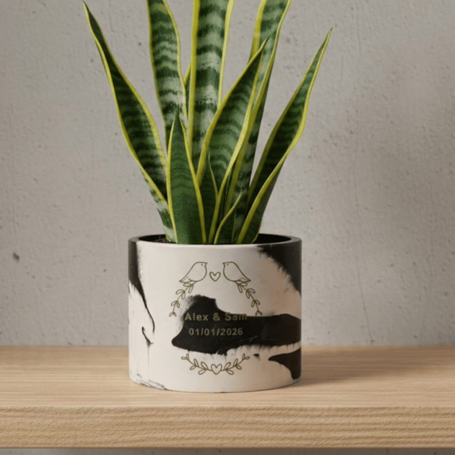 Personalised Black and White Plant Pot with Floral Heart - Gold or Silver Vinyl