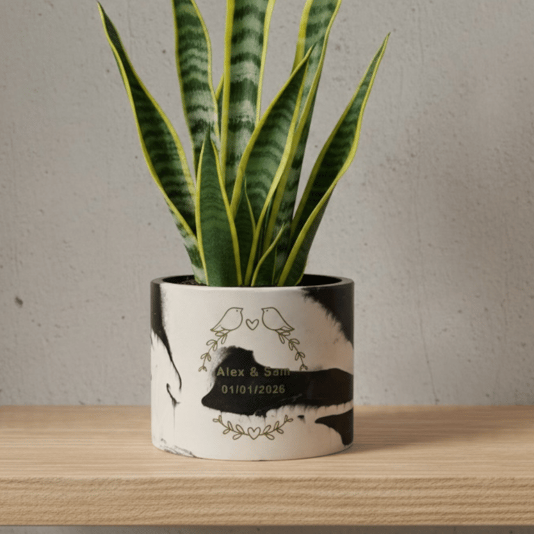 Personalised Black and White Plant Pot with Floral Heart - Gold or Silver Vinyl